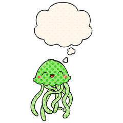 cute cartoon jellyfish and thought bubble in comic book style