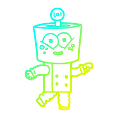 cold gradient line drawing happy cartoon robot pointing