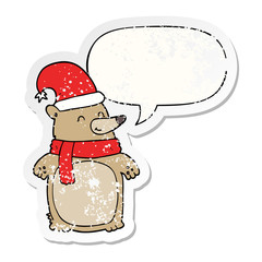 cartoon christmas bear and speech bubble distressed sticker