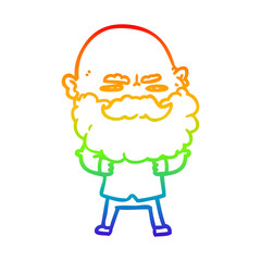 rainbow gradient line drawing cartoon man with beard frowning