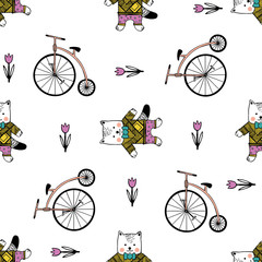 Seamless pattern with cats, bikes and candies.