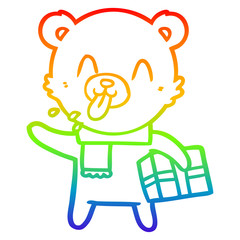 rainbow gradient line drawing rude cartoon bear with present