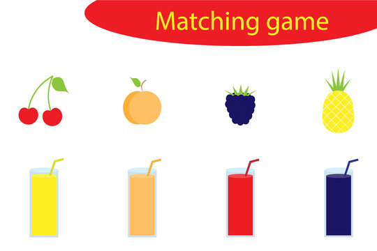 Matching game for children, connect different fruit with glass of juice from it, preschool worksheet activity for kids, task for the development of logical thinking, vector illustration