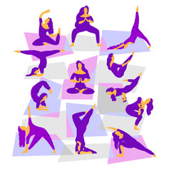 Set of vector silhouettes of woman doing yoga exercises. Icons of flexible girl stretching her body in different yoga poses. 