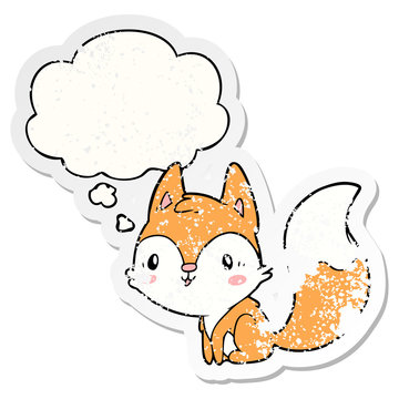 cartoon fox and thought bubble as a distressed worn sticker