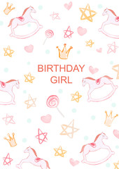 Hand drawn watercolor birthday girl card with pink horses, stars and candies on white isolated background