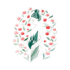 Hand drawn watercolor pregnant woman with green leaves and red roses frame on white isolated background
