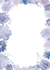 Watercolor hand drawn frame of violet and blue flowers isolated on white background