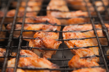 Kebabs chicken wings on the grill with smoke close-up. Chunks of chicken barbecue on the fire. Backyard, concept of rest, meat, summer, copy space.