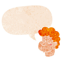 cartoon male face and speech bubble in retro textured style