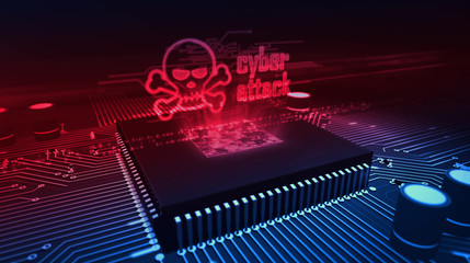 CPU on board with cyber attack and skull hologram