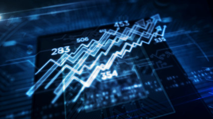 CPU on board with stock chart symbol hologram display