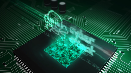CPU on board with cyber attack and skull hologram