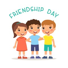 Friendship Day. Two сute little girl and boy hugging. Funny cartoon character. Vector illustration. Isolated on white background