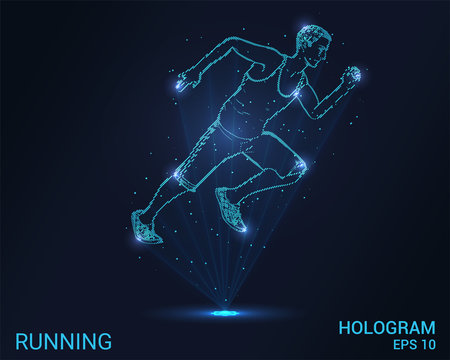 Hologram running. A man runs. Flickering energy flux of particles. The scientific design of the sport.
