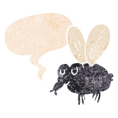 cartoon fly and speech bubble in retro textured style