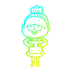 cold gradient line drawing cartoon happy old lady