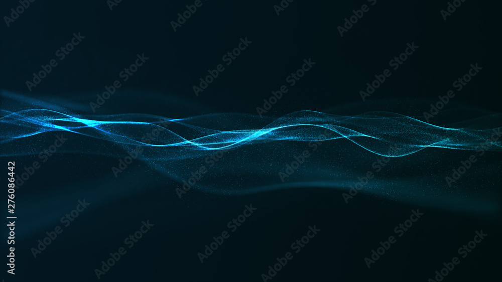 Poster abstract digital blue color wave with flowing small particles dance motion on wave and light abstrac