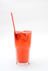 strawberry lemonade in a transparent glass on a white background