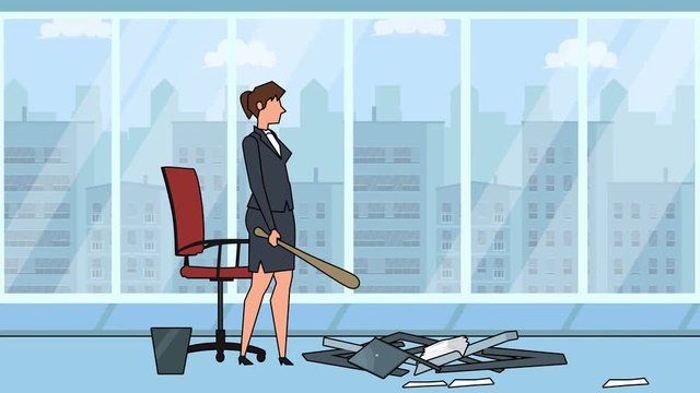 Flat cartoon businesswoman girl bad angry character destroy the workplace with laptop office animation