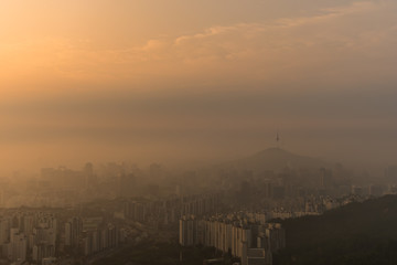 The atmosphere is foggy in the morning in Seoul city,south korea.
