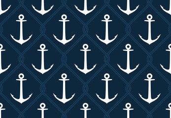 Seamless vector texture white steel ship anchor and intertwined with ropes. Blue background.