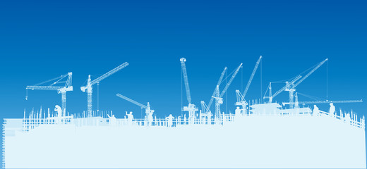 light blue house buildings and cranes illustration