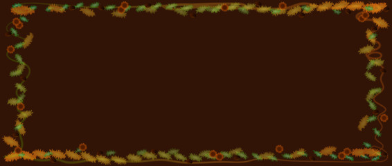 Sfondo orizzontale con bordo autunnale con foglie, ricci e castagne.