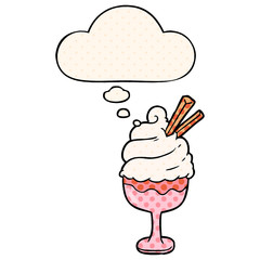 cartoon ice cream and thought bubble in comic book style