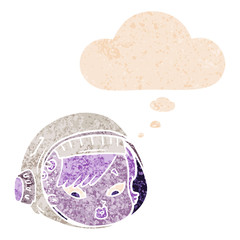 cartoon astronaut face and thought bubble in retro textured style