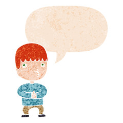 cartoon man speaking;talking and speech bubble in retro textured style