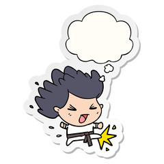Obraz premium cartoon kicking karate champ and thought bubble as a printed sticker