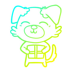 cold gradient line drawing cartoon dog with present