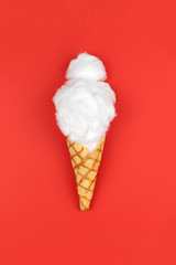 Creative background. Vanilla ice cream from cotton. Minimal concept. Flat Lay.