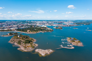 Helsinki. Finland. View of the island of Taiteilijatalo Harakka ry from the height of bird flight. In the frame of the island, yachts, ships