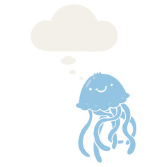 cartoon happy jellyfish and thought bubble in retro style