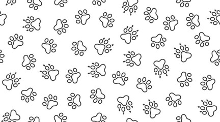 Animal tracks vector seamless pattern with flat line icons. Black white color pet paw texture. Dog, cat footprint background, abstract foot print silhouette wallpaper for veterinary clinic - obrazy, fototapety, plakaty
