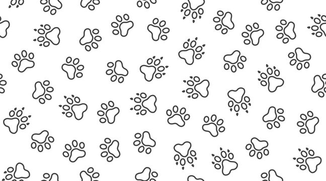 Animal tracks vector seamless pattern with flat line icons. Black white color pet paw texture. Dog, cat footprint background, abstract foot print silhouette wallpaper for veterinary clinic