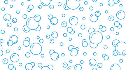Fototapeta na wymiar Bubbles vector seamless pattern with flat line icons. Blue white color soap texture. Fizzy water background, abstract effervescent effect wallpaper