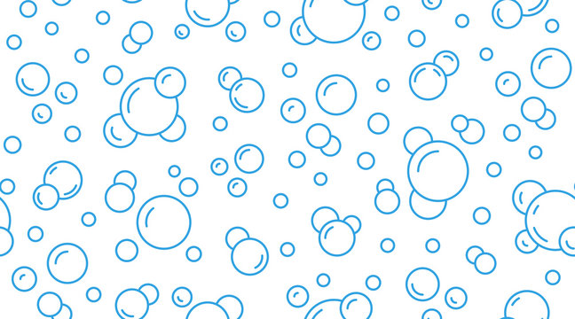 Bubbles vector seamless pattern with flat line icons. Blue white color soap texture. Fizzy water background, abstract effervescent effect wallpaper