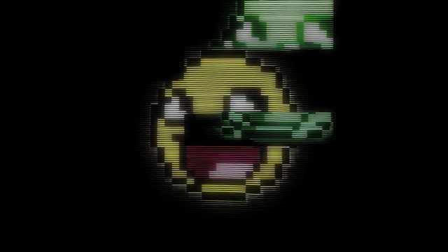 Abstract smile, holographic symbol on digital old tv screen with glitch effect, seamless loop. Animation. Yellow loughing emoji face, Glitch or noise interference.