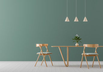 Spacious modern dining room with wooden chairs and table. Minimalist dining room design. 3D illustration.