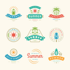 Summer holidays labels and badges retro typography design set.