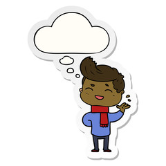 cartoon man laughing and thought bubble as a printed sticker