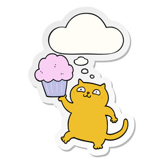 cartoon cat with cupcake and thought bubble as a printed sticker