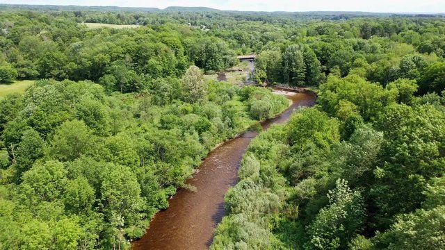 Aerial drone flies forward revealing a brown, tainted winding river in the middle of bright green trees. A downed tree lays across the river and the shoreline is full of dirt polluted with rust/ iron