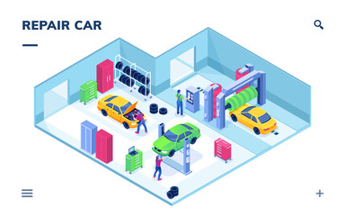 Isometric indoor view on car service or auto repair. Mechanic lifting vehicle and technician doing engine tuning, automobile wash. Smartphone application page for garage car diagnostic, checking