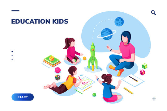 Isometric class at kindergarten with woman teacher for smartphone application page. Children or kids painting at preschool or playschool. Web education, training technology for pupil. School theme