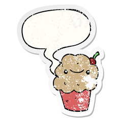 cartoon cupcake and speech bubble distressed sticker