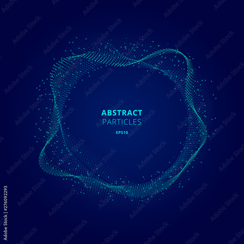 Poster abstract illuminated blue circle shape of particles array on dark background technology concept. dig